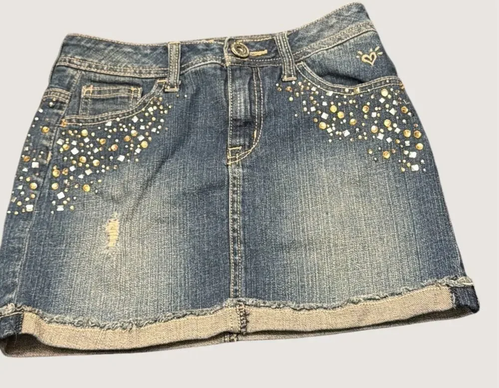 Justice Girls Denim Mini Skirt Size 12 | Y2K Rhinestone Studded | Discontinued